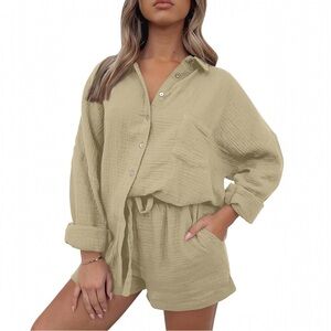 AUTOMET 2 Piece Set Womens Lounge Matching Oversized Button Down Top & Shorts